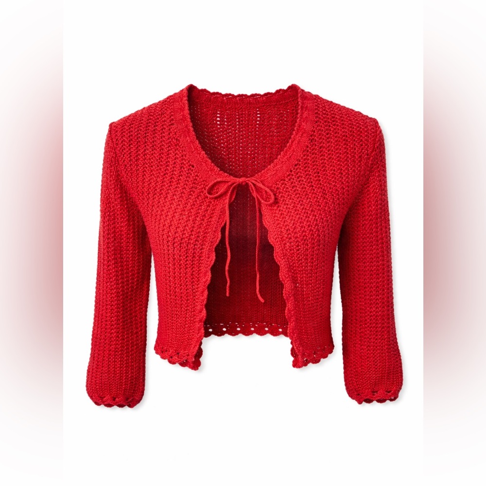 Vintage Y2K Red Knit Tie Front Cardigan Boho Fairycore Cropped Top-XS